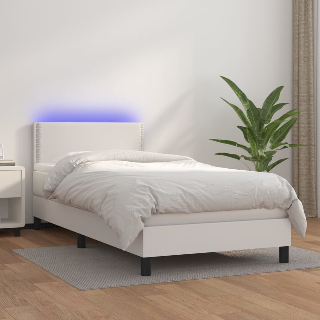 vidaXL Boxspringbett mit Matratze & LED Weiß 90x190 cm Kunstleder