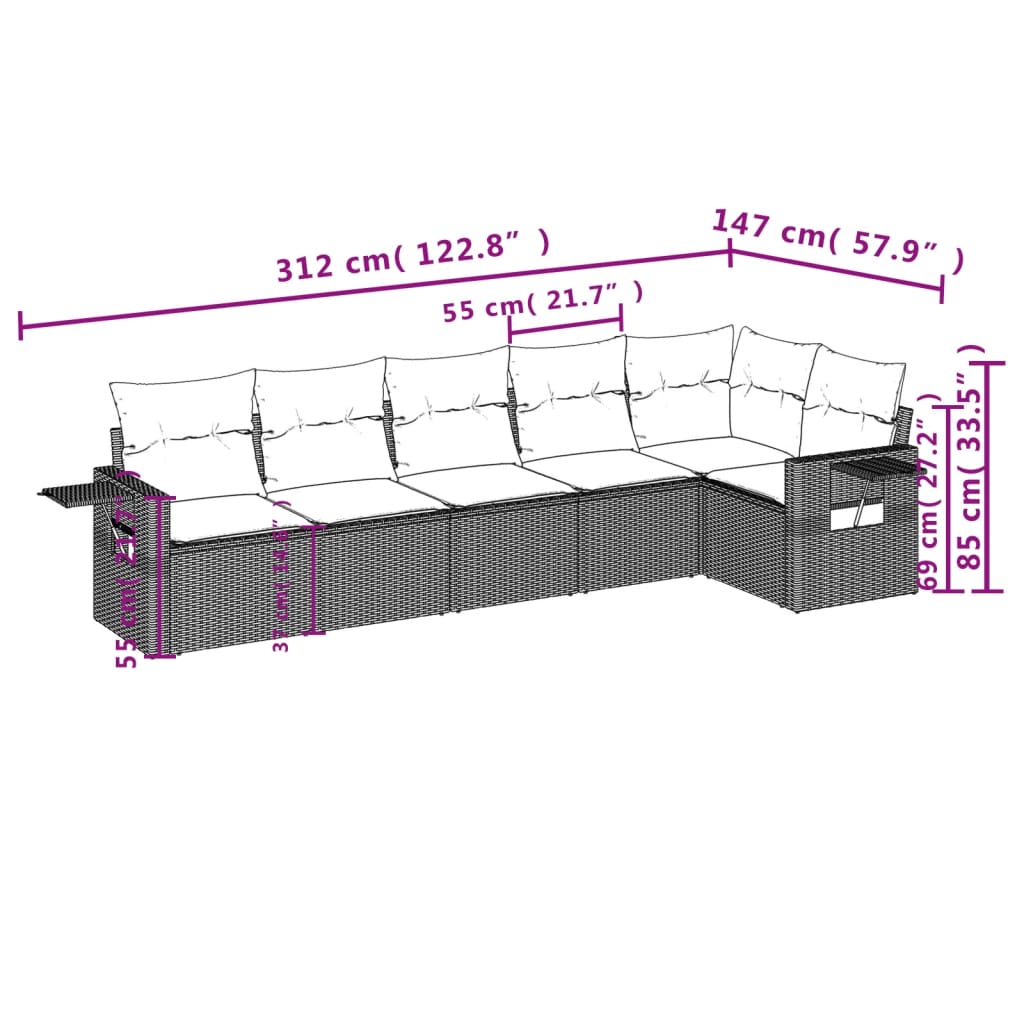 vidaXL 6-tlg. Garten-Sofagarnitur mit Kissen Grau Poly Rattan