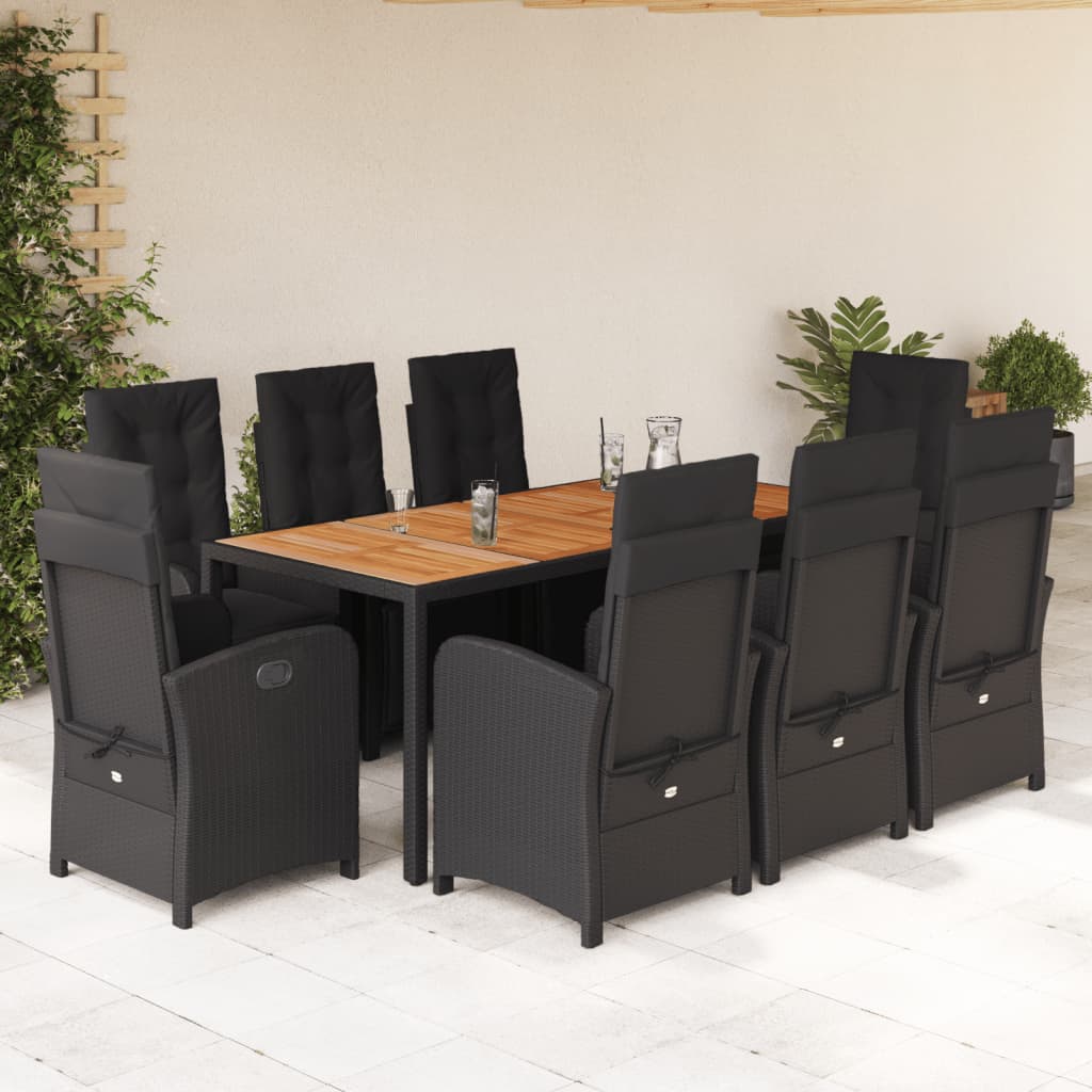 vidaXL 9-tlg. Garten-Essgruppe mit Kissen Schwarz Poly Rattan