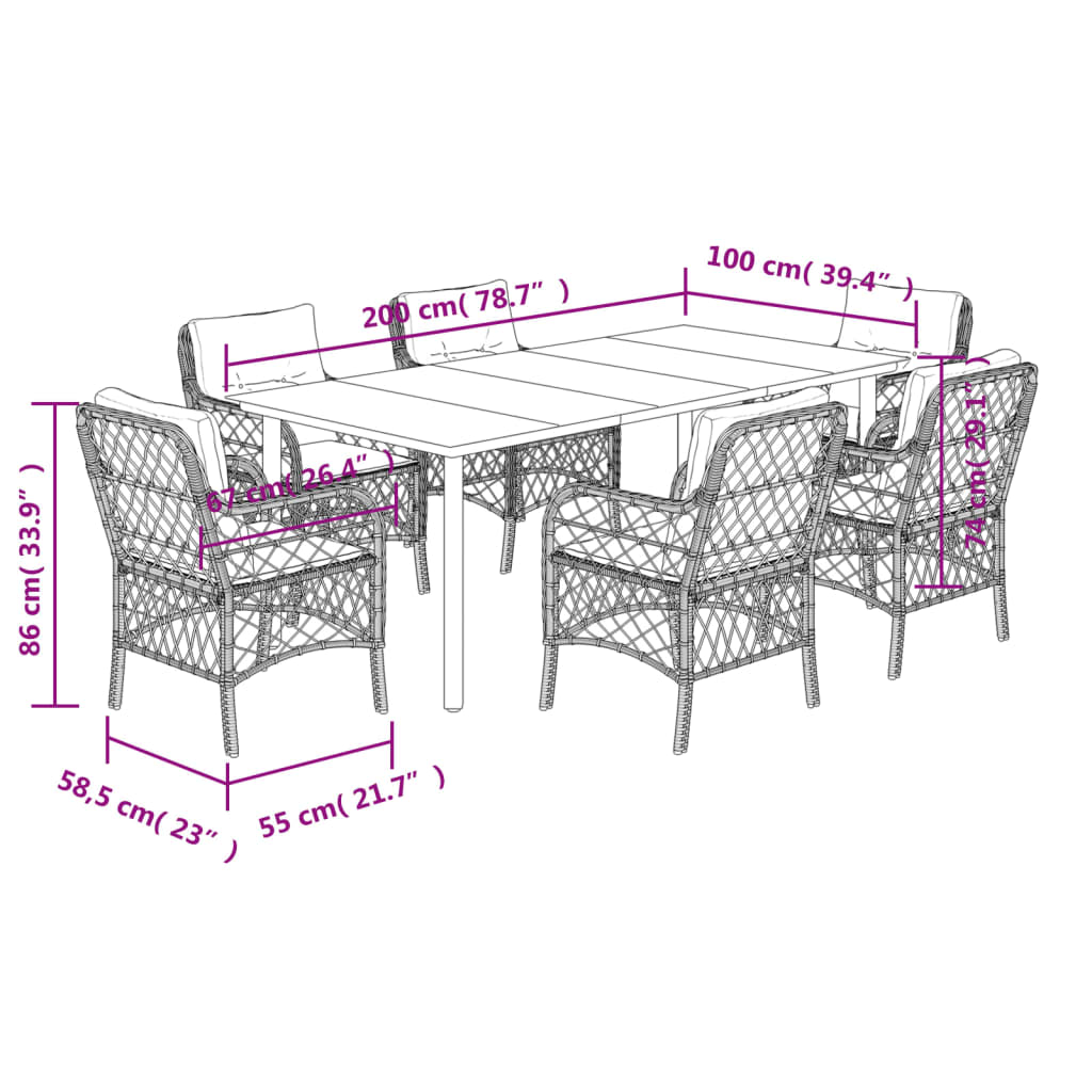 vidaXL 7-tlg. Garten-Essgruppe mit Kissen Hellgrau Poly Rattan