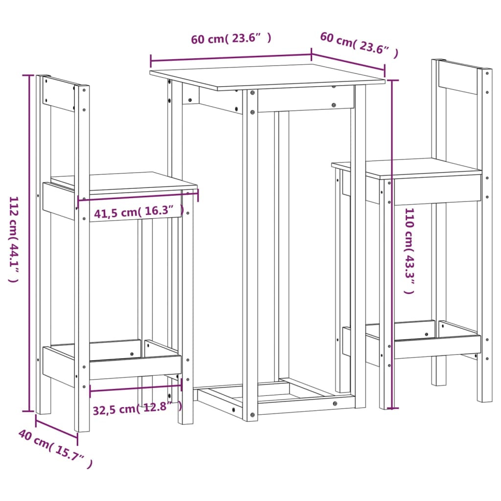 vidaXL 3-tlg. Bar-Set Schwarz Massivholz Kiefer