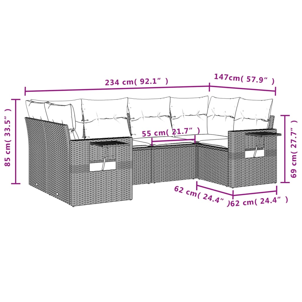 vidaXL 6-tlg. Garten-Sofagarnitur mit Kissen Grau Poly Rattan