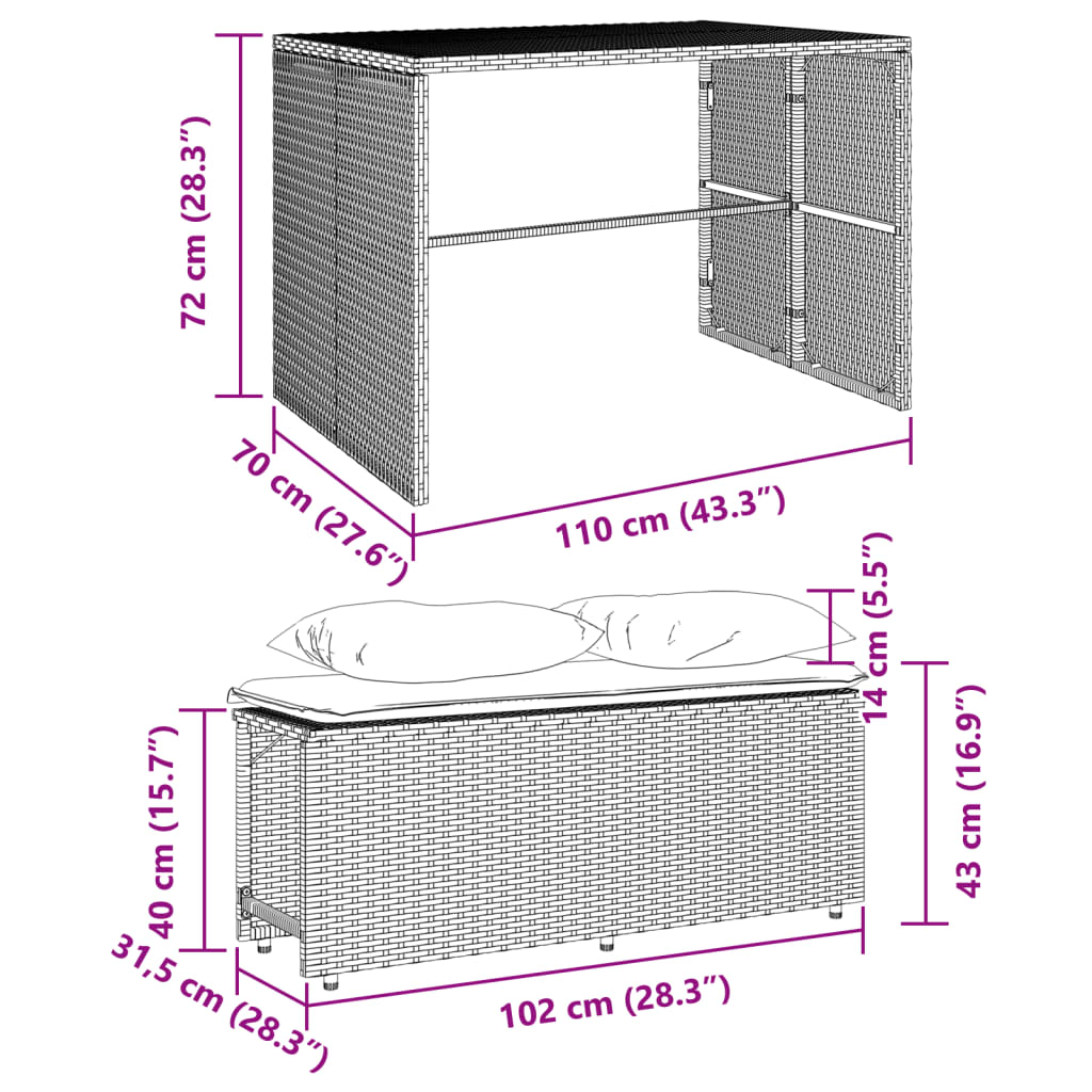 vidaXL 3-tlg. Garten-Essgruppe mit Kissen Grau Poly Rattan