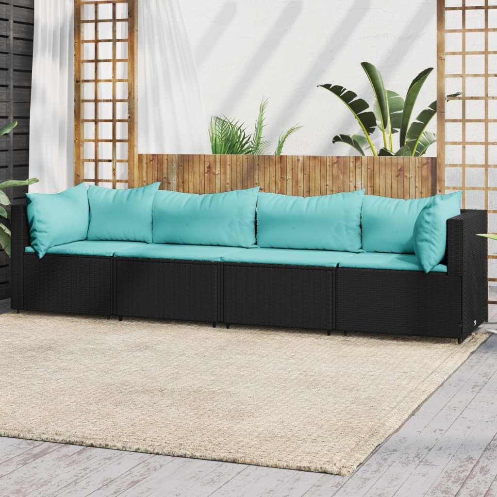 vidaXL 4-tlg. Garten-Lounge-Set mit Kissen Schwarz Poly Rattan