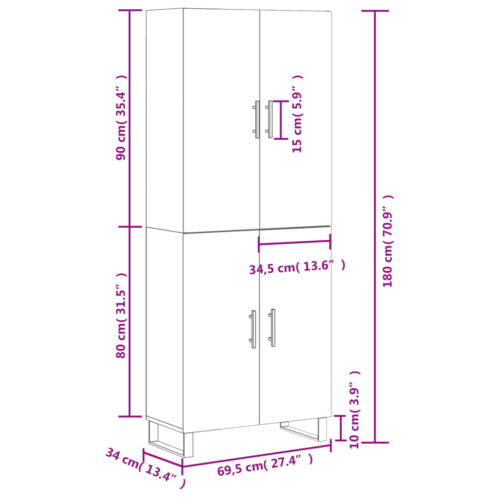 vidaXL Highboard Betongrau 69,5x34x180 cm Holzwerkstoff