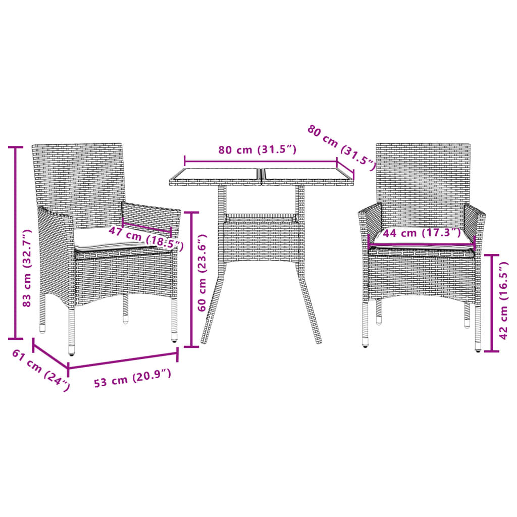 vidaXL 3-tlg. Garten-Essgruppe mit Kissen Grau Poly Rattan Akazie