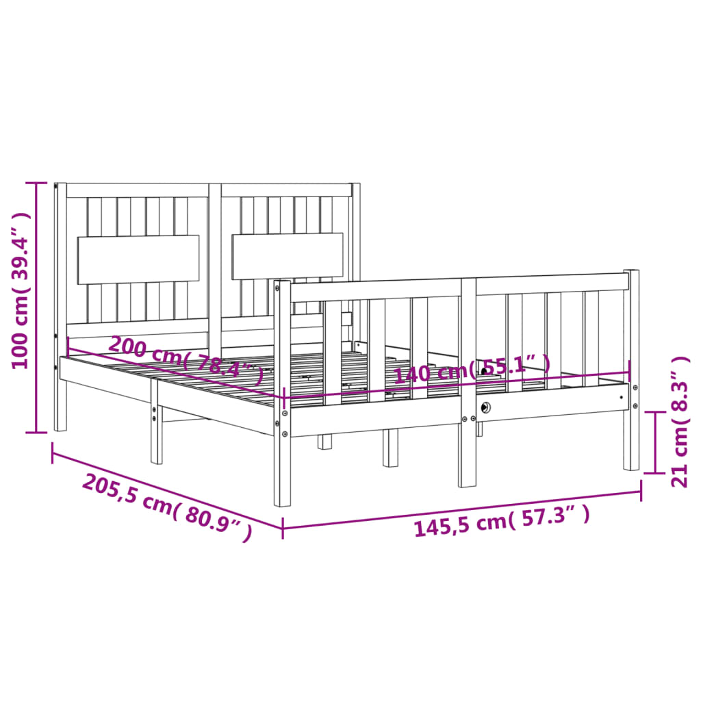 vidaXL Massivholzbett mit Kopfteil 140x200 cm