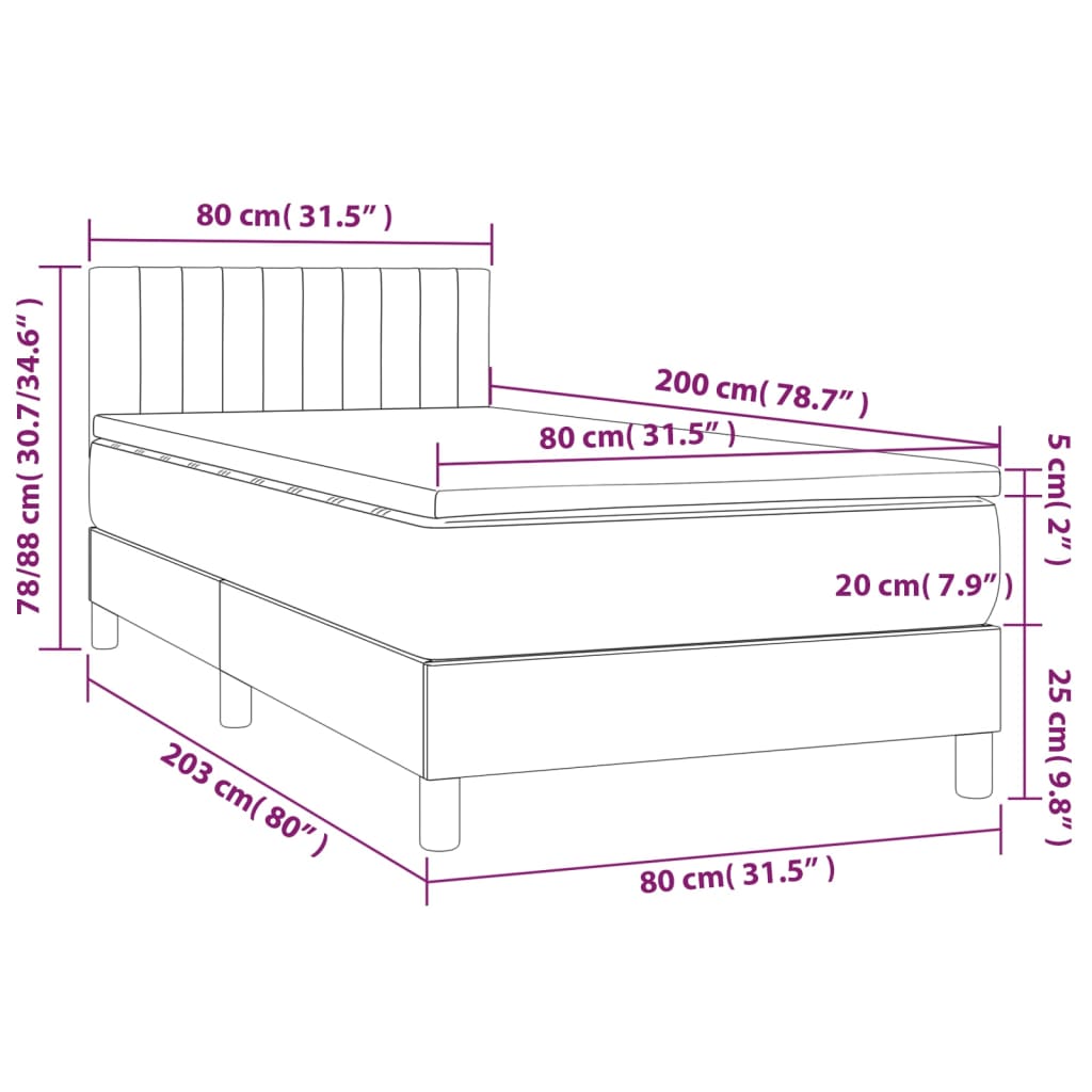 vidaXL Boxspringbett mit Matratze Hellgrau 80x200 cm Samt