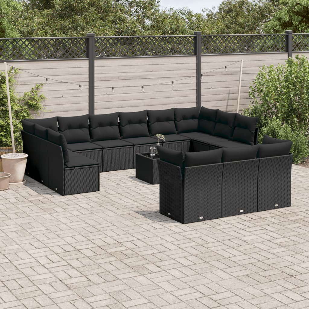 vidaXL 14-tlg. Garten-Sofagarnitur mit Kissen Schwarz Poly Rattan