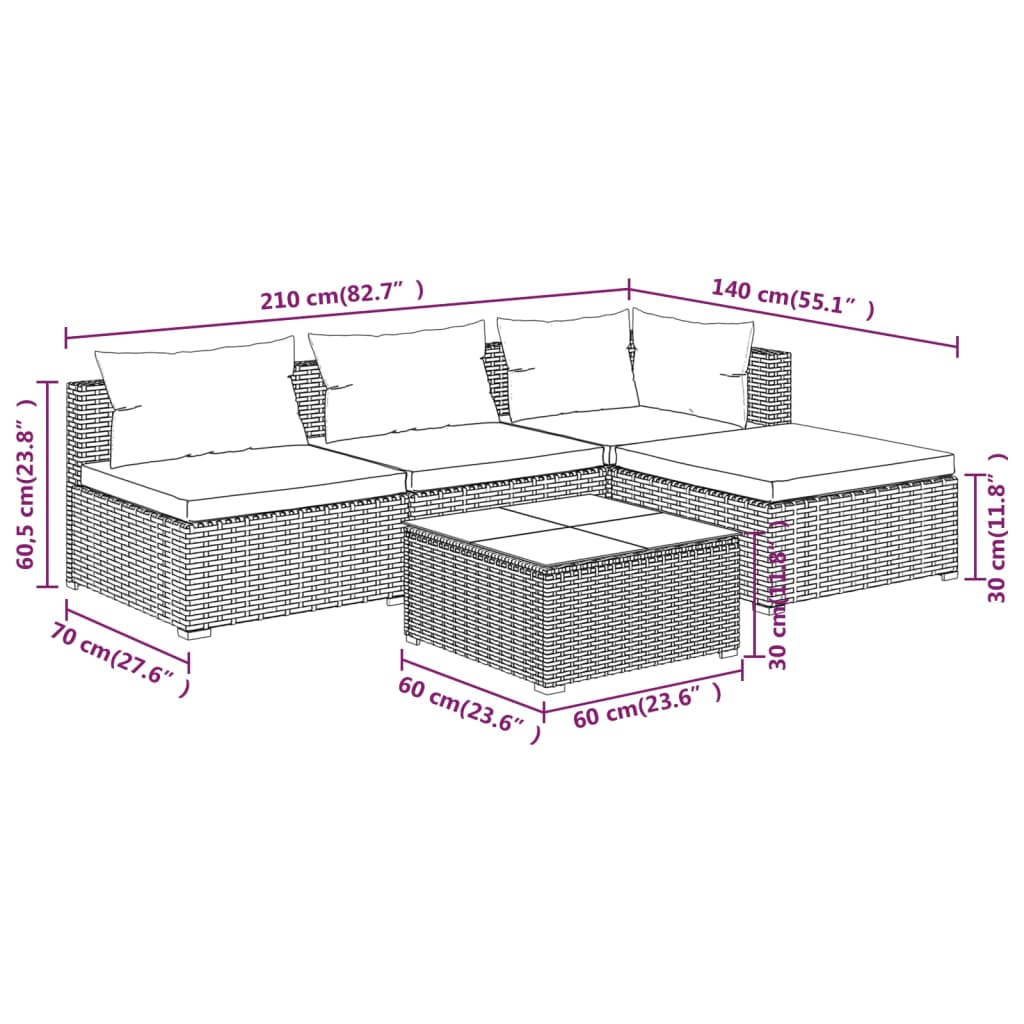 vidaXL 5-tlg. Garten-Lounge-Set mit Kissen Poly Rattan Braun