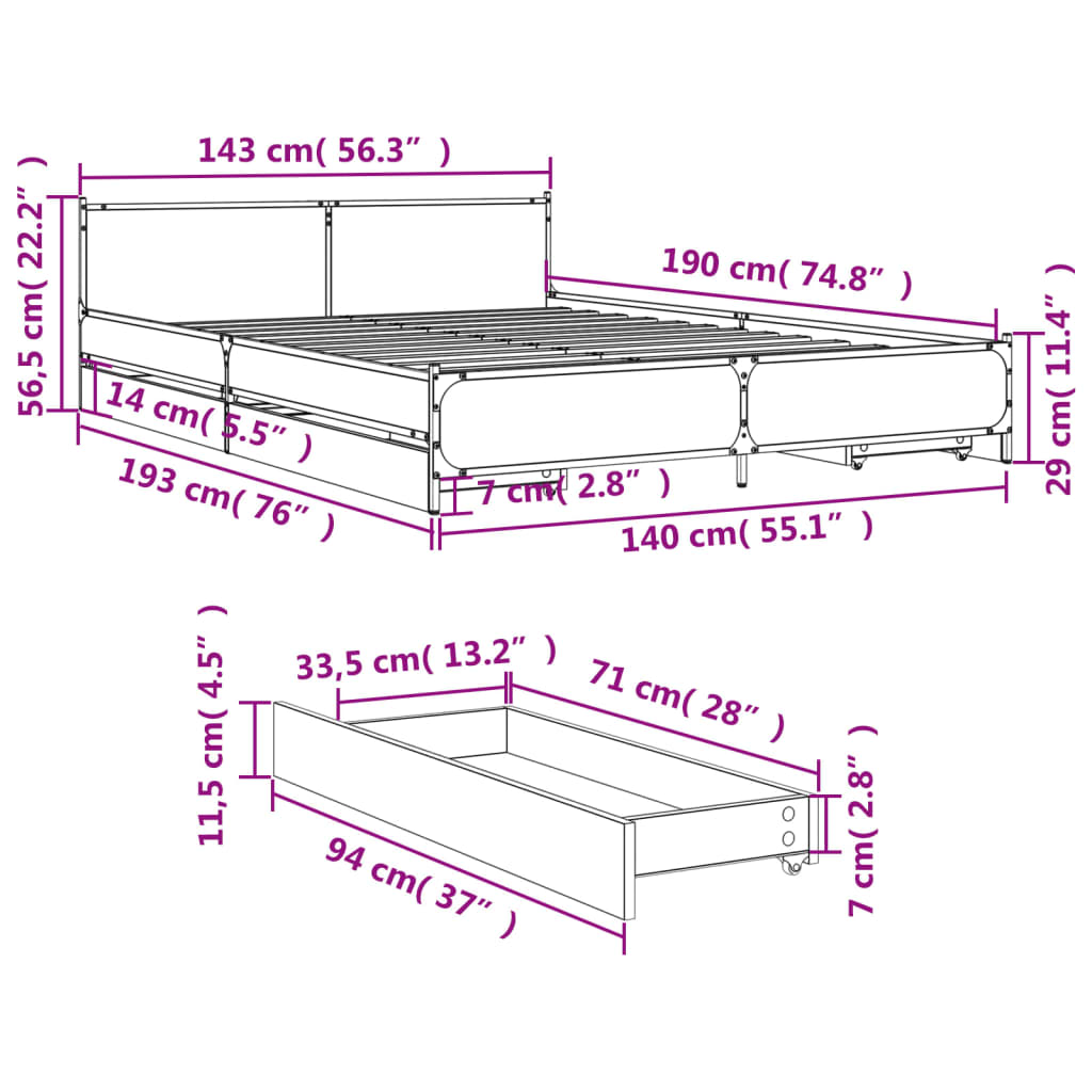 vidaXL Bettgestell mit Schubladen Schwarz 140x190 cm Holzwerkstoff