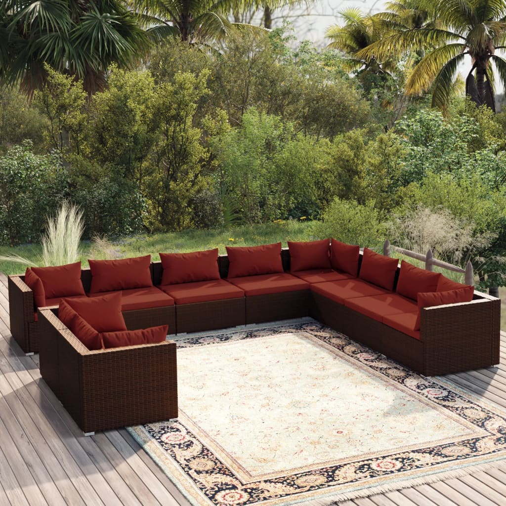 vidaXL 10-tlg. Garten-Lounge-Set mit Kissen Braun Poly Rattan