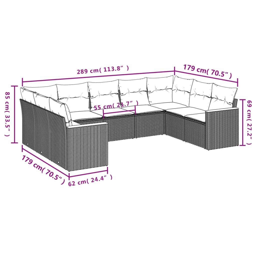 vidaXL 9-tlg. Garten-Sofagarnitur mit Kissen Schwarz Poly Rattan