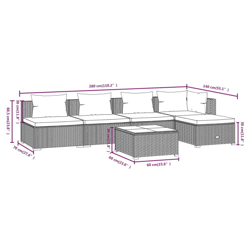 vidaXL 6-tlg. Garten-Lounge-Set mit Kissen Poly Rattan Schwarz