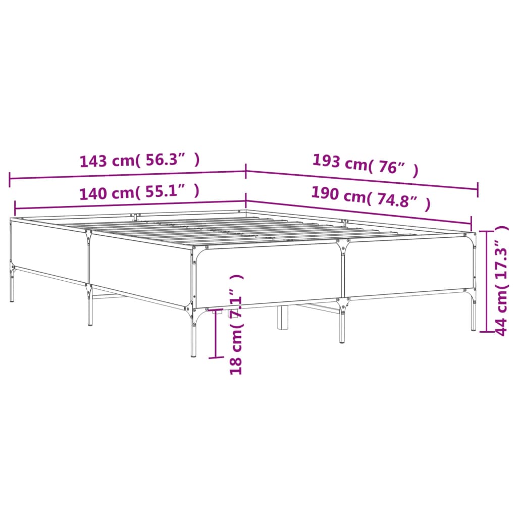 vidaXL Bettgestell Grau Sonoma 140x190 cm Holzwerkstoff und Metall