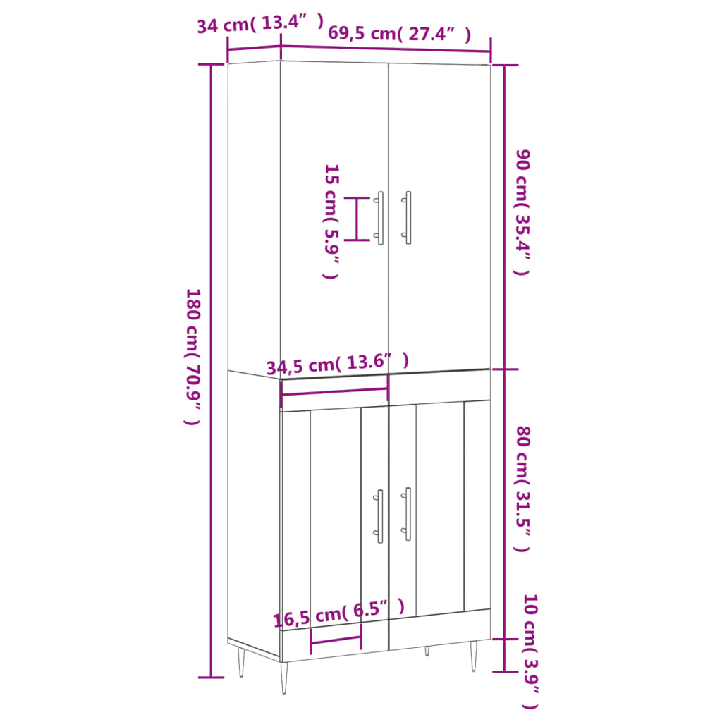 vidaXL Highboard Grau Sonoma 69,5x34x180 cm Holzwerkstoff