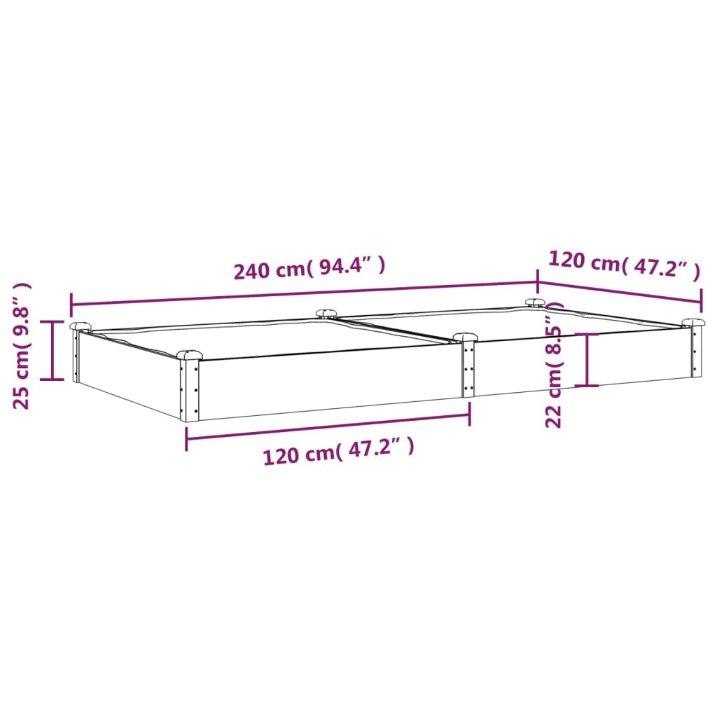 vidaXL Hochbeet mit Einsatz Braun 240x120x25 cm Massivholz Tanne