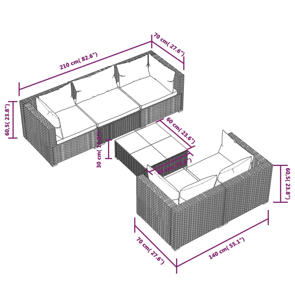 vidaXL 6-tlg. Garten-Lounge-Set mit Auflagen Poly Rattan Braun