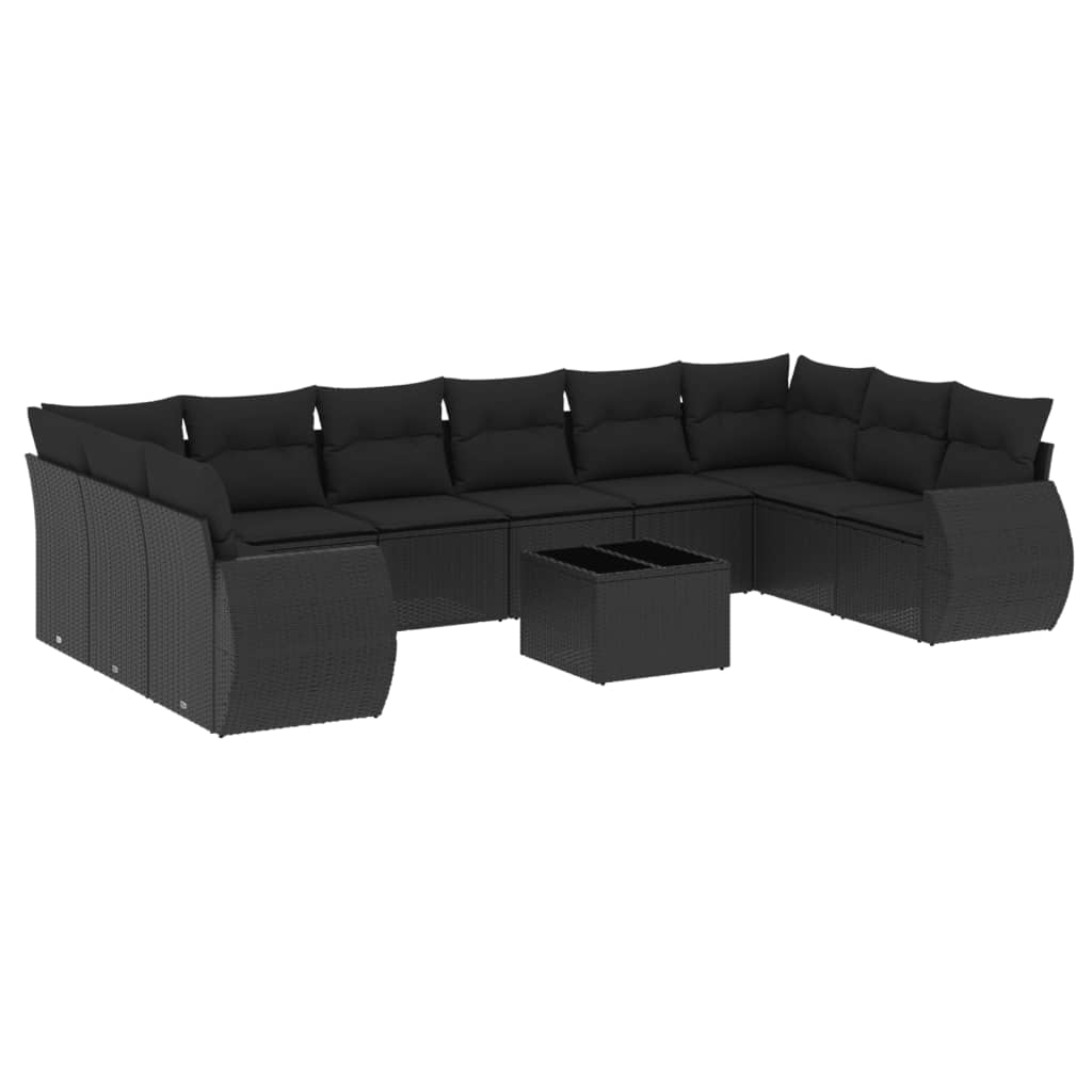 vidaXL 11-tlg. Garten-Sofagarnitur mit Kissen Schwarz Poly Rattan