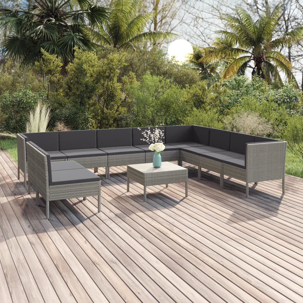 vidaXL 11-tlg. Garten-Lounge-Set mit Auflagen Poly Rattan Grau