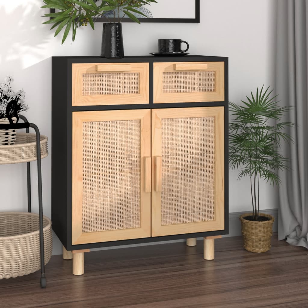 vidaXL Sideboard Schwarz 60x30x75cm Massivholz Kiefer und Natur-Rattan