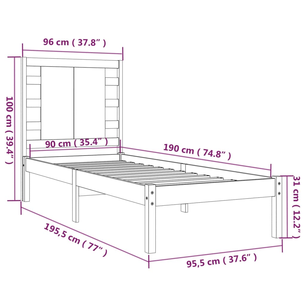 vidaXL Massivholzbett Schwarz 90x190 cm