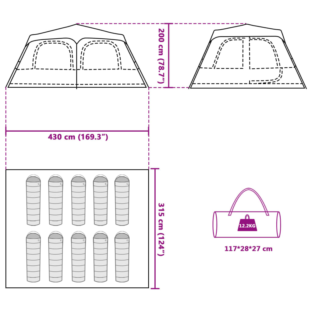 vidaXL Kuppel-Familienzelt 10 Personen Grün Quick Release