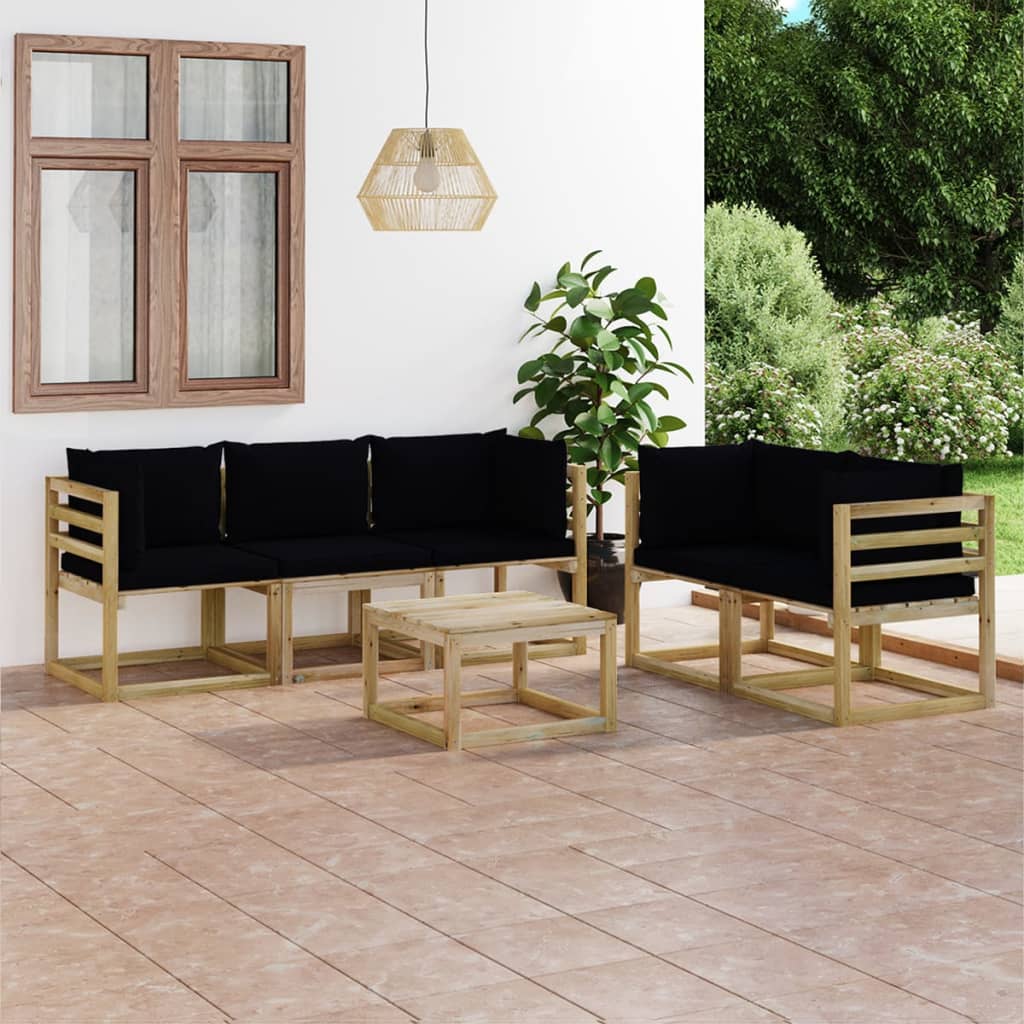 vidaXL 6-tlg. Garten-Lounge-Set mit Schwarzen Kissen