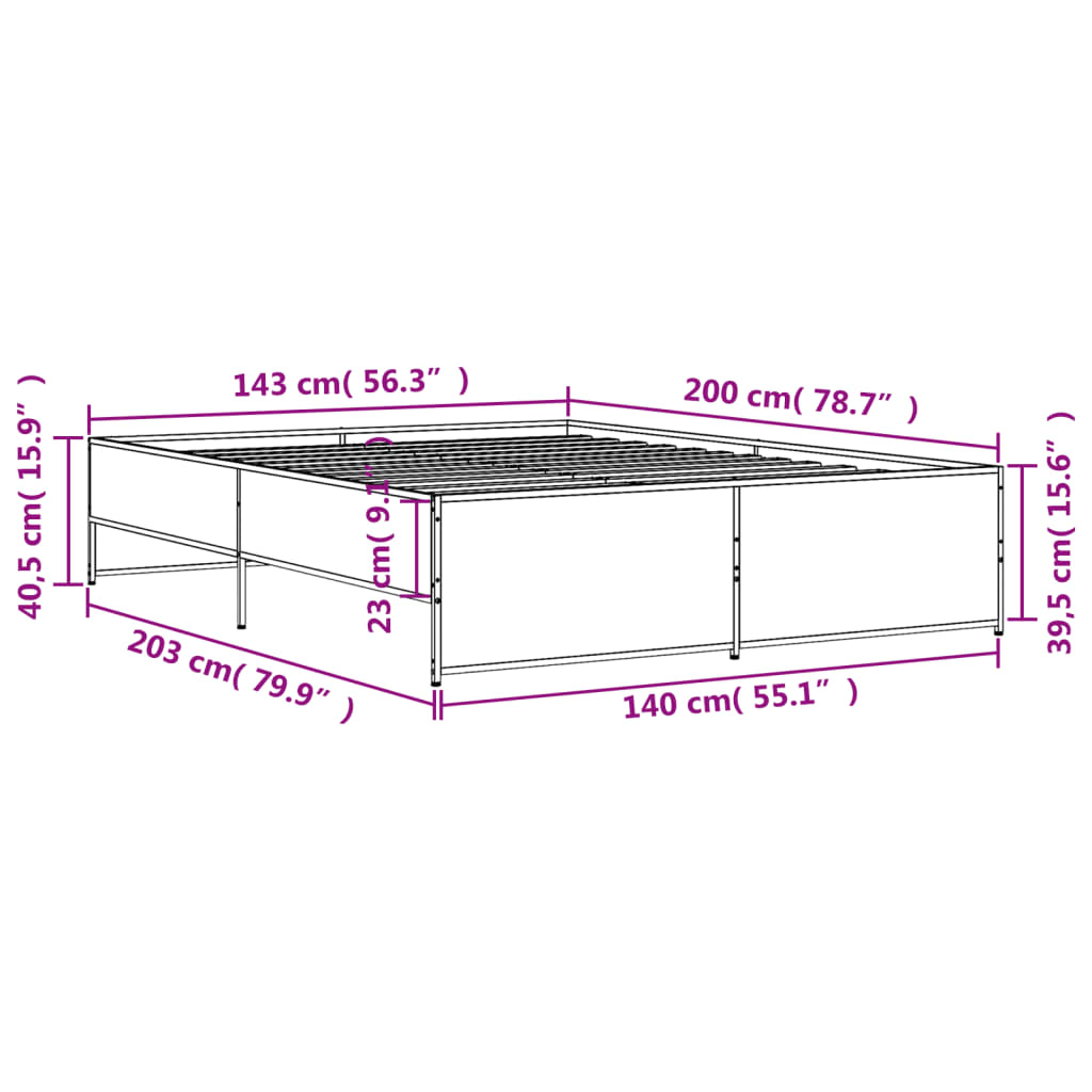 vidaXL Bettgestell Räuchereiche 140x200 cm Holzwerkstoff und Metall