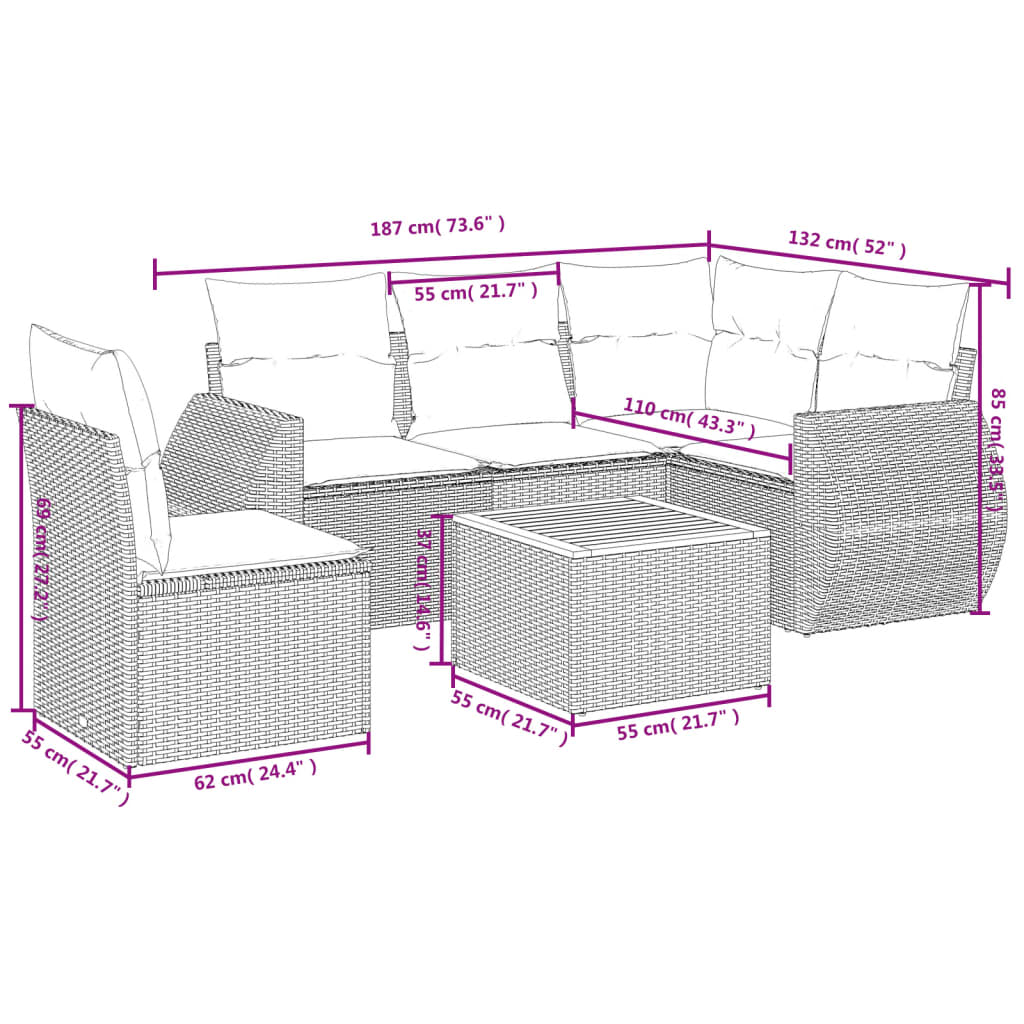 vidaXL 6-tlg. Garten-Sofagarnitur mit Kissen Schwarz Poly Rattan