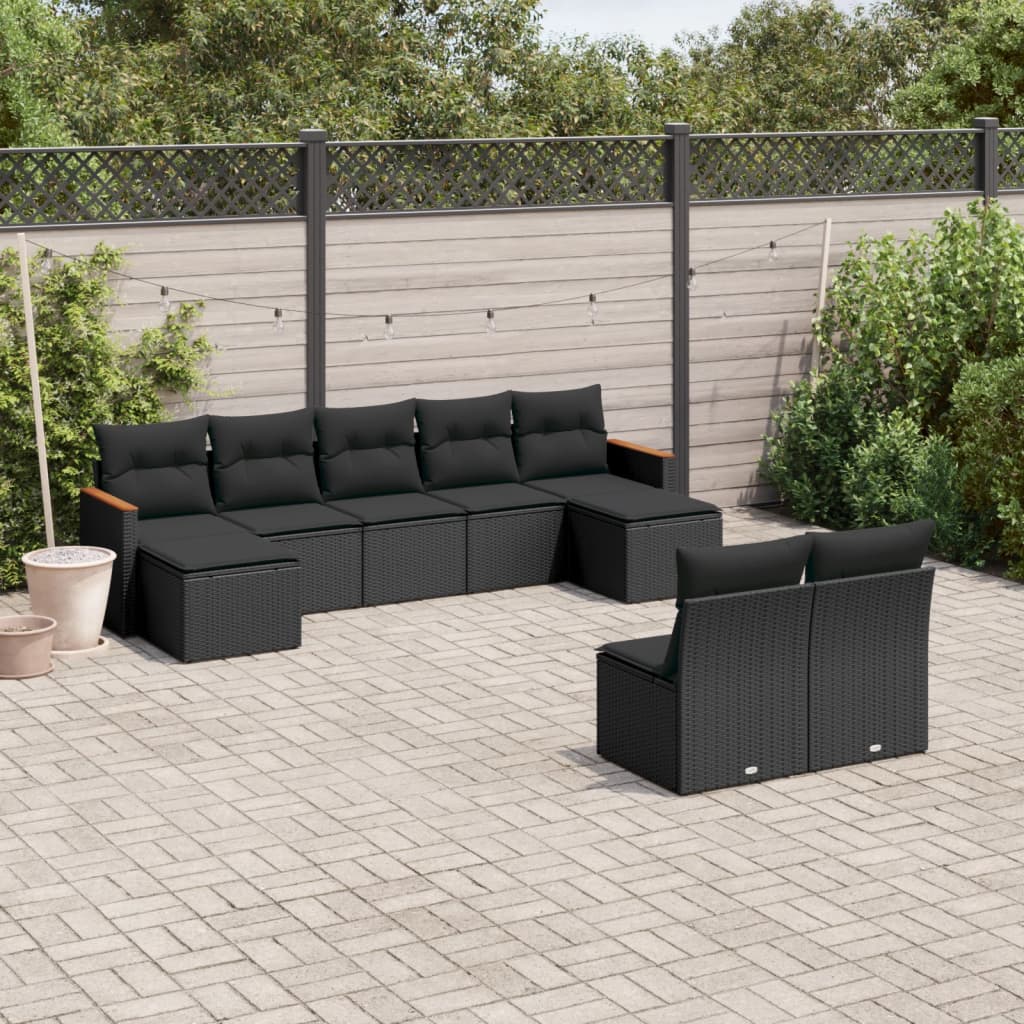 vidaXL 9-tlg. Garten-Sofagarnitur mit Kissen Schwarz Poly Rattan