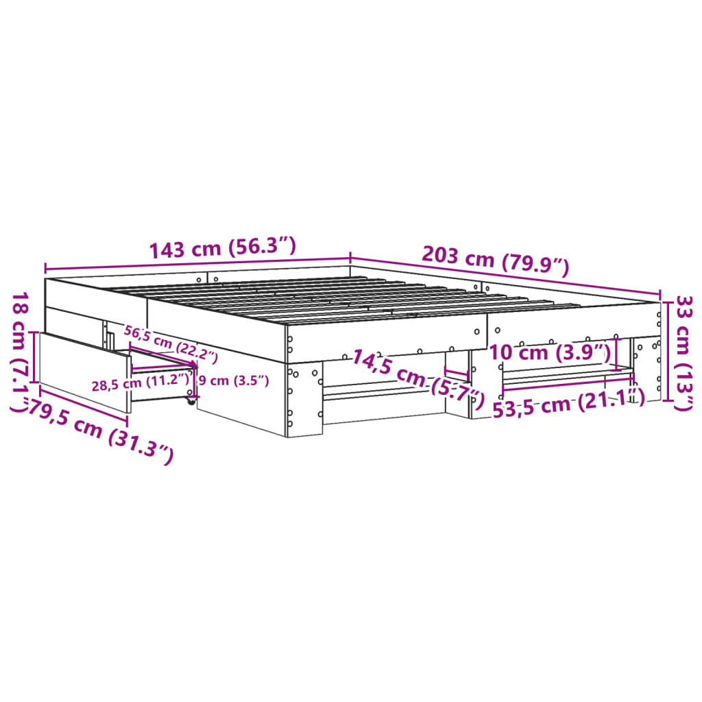 vidaXL Bettgestell Grau Sonoma 140x200 cm Holzwerkstoff