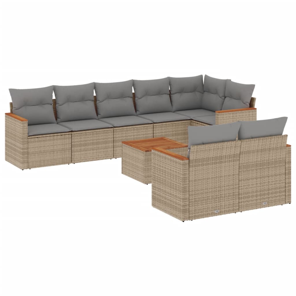 vidaXL 9-tlg. Garten-Sofagarnitur mit Kissen Beige Poly Rattan