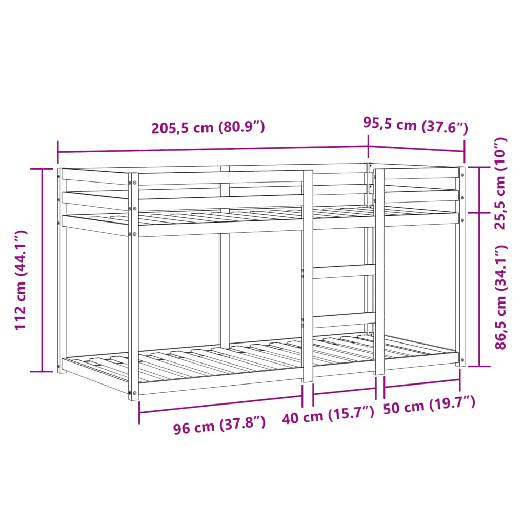 vidaXL Etagenbett mit Vorhängen Weiß Schwarz 90x200 cm Kiefernholz