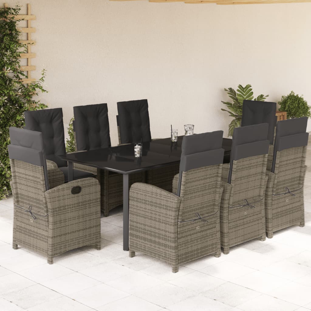 vidaXL 9-tlg. Garten-Essgruppe mit Kissen Grau Poly Rattan