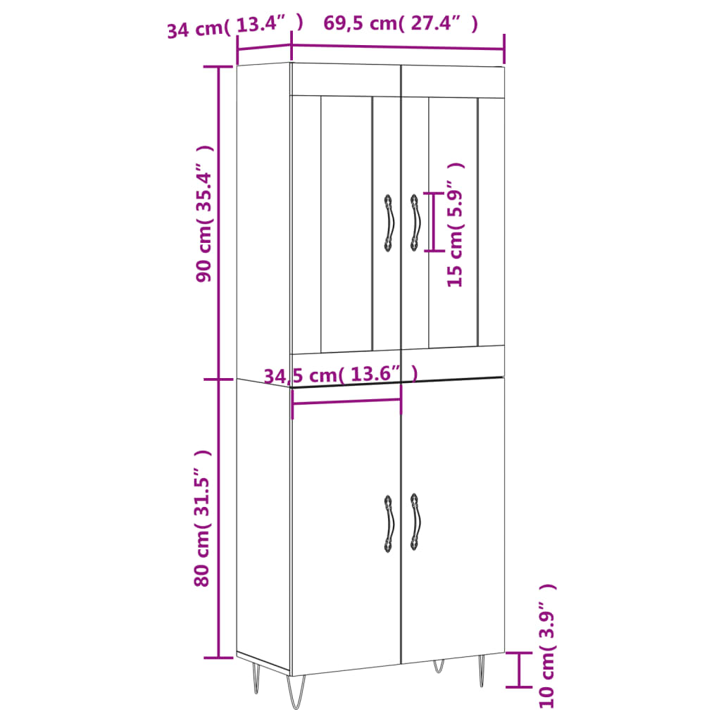 vidaXL Highboard Braun Eichen-Optik 69,5x34x180 cm Holzwerkstoff