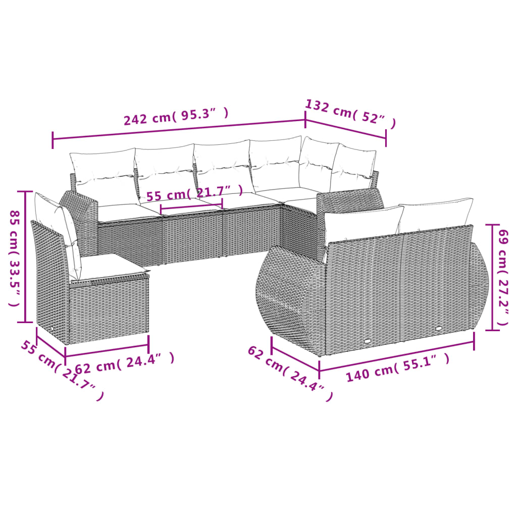 vidaXL 8-tlg. Garten-Sofagarnitur mit Kissen Schwarz Poly Rattan