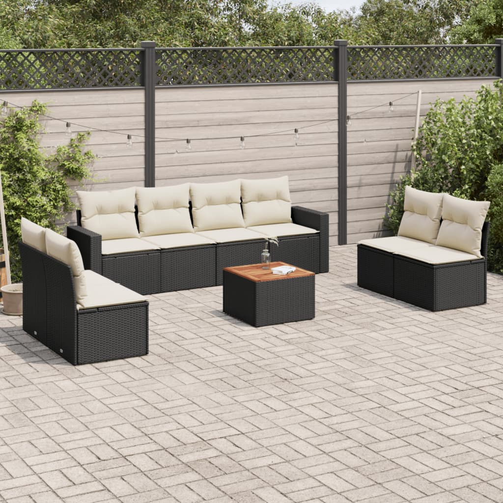 vidaXL 9-tlg. Garten-Sofagarnitur mit Kissen Schwarz Poly Rattan