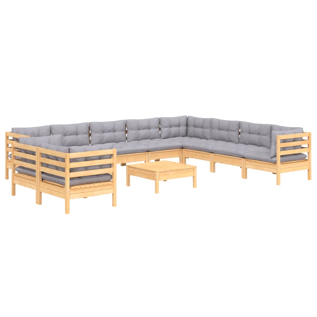 vidaXL 11-tlg. Garten-Lounge-Set mit Grauen Kissen Massivholz Kiefer