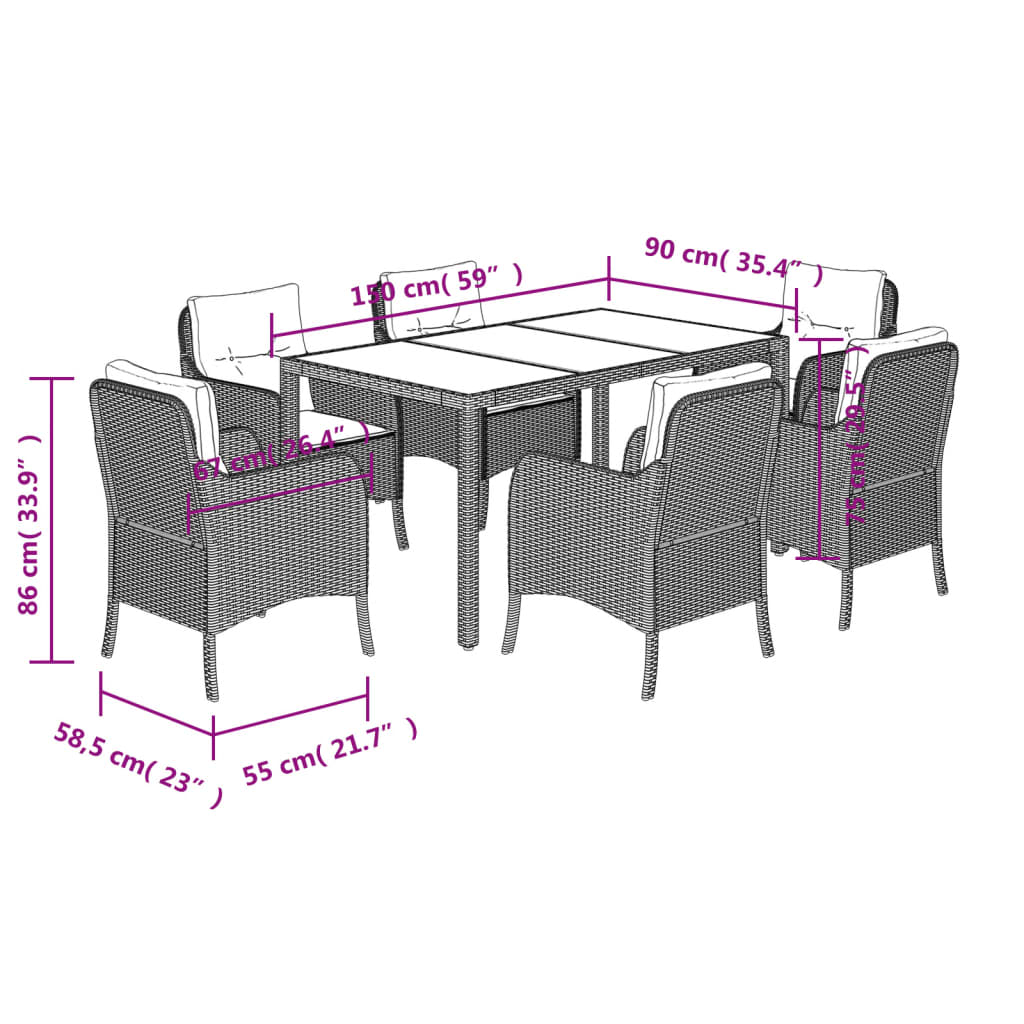 vidaXL 7-tlg. Garten-Essgruppe mit Kissen Schwarz Poly Rattan