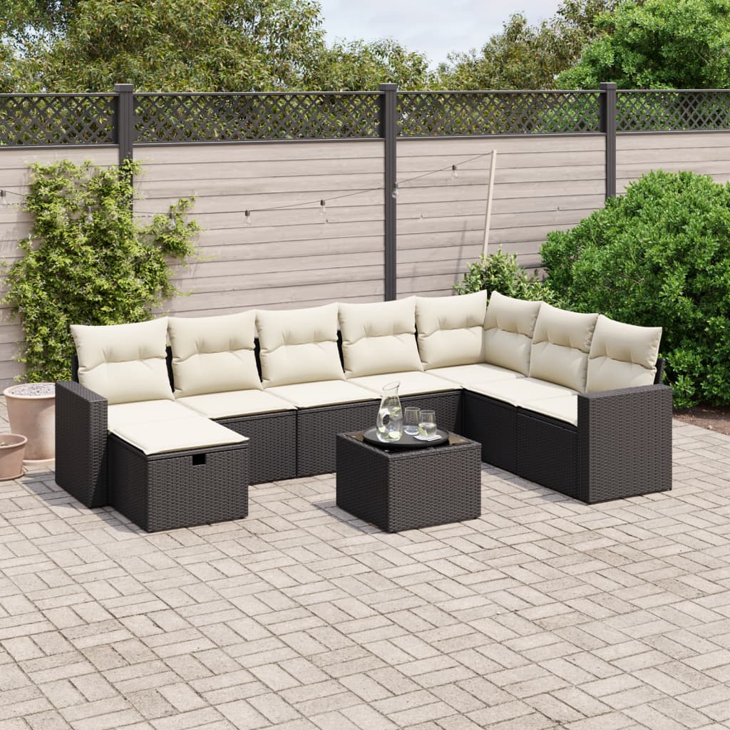 vidaXL 9-tlg. Garten-Sofagarnitur mit Kissen Schwarz Poly Rattan