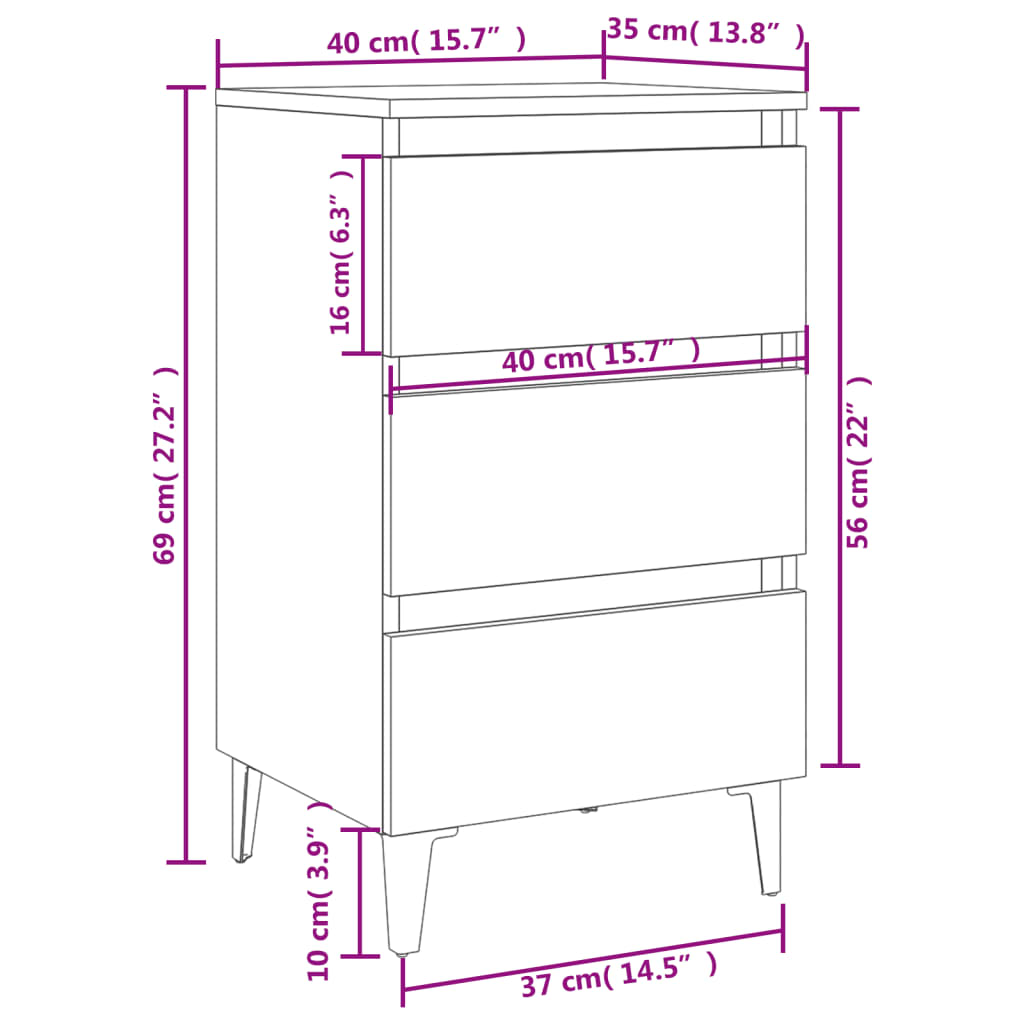 vidaXL Nachttische mit Metallbeinen 2 Stk. Schwarz 40x35x69 cm