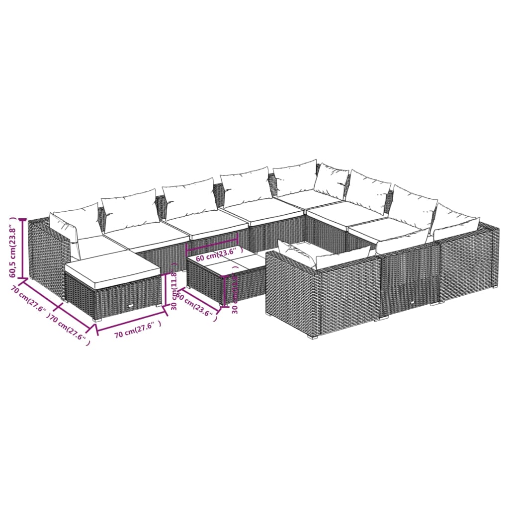 vidaXL 12-tlg. Garten-Lounge-Set mit Kissen Poly Rattan Grau