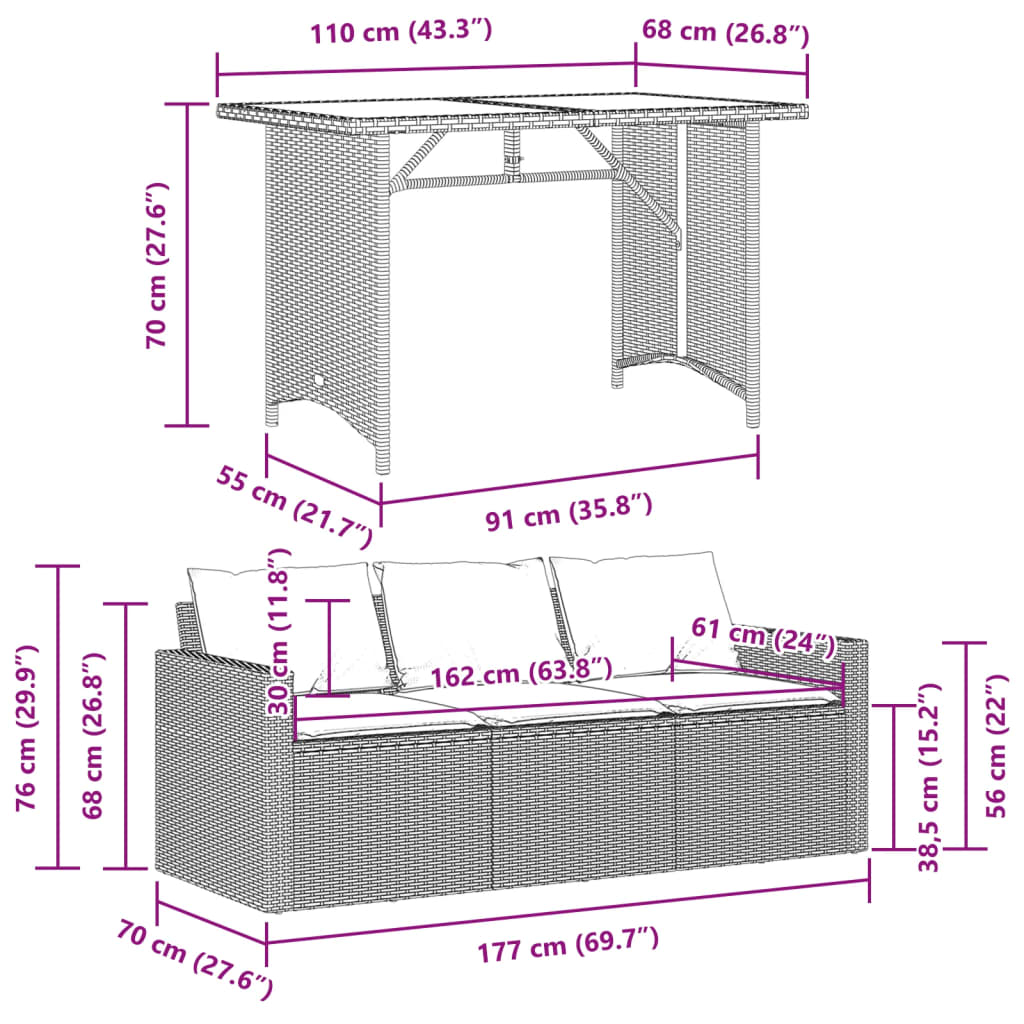 vidaXL 2-tlg. Garten-Essgruppe mit Kissen Beige Poly Rattan