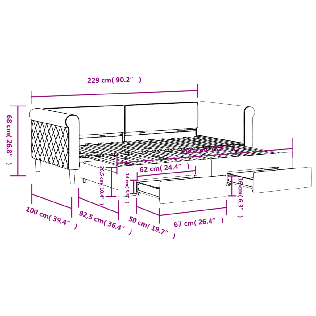 vidaXL Tagesbett Ausziehbar mit Schubladen Hellgrau 90x200 cm Samt