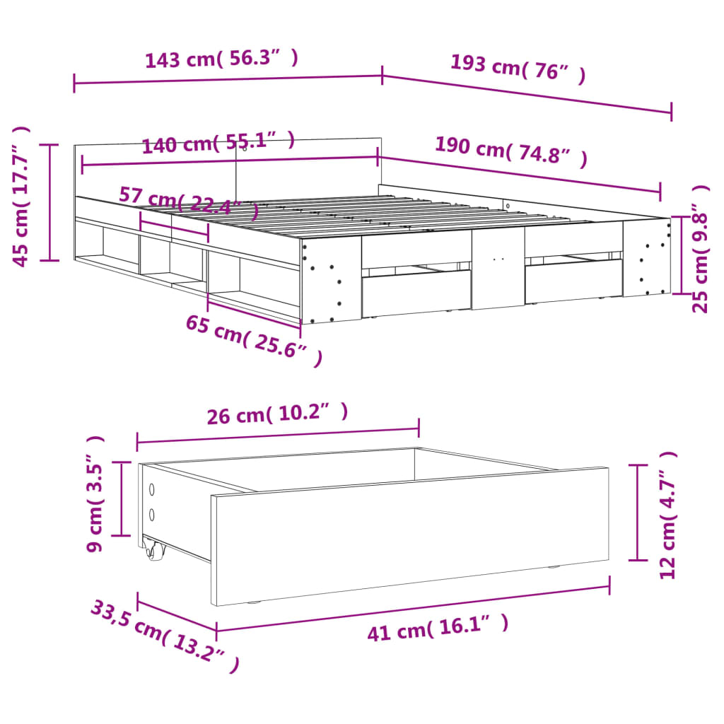 vidaXL Bettgestell mit Schubladen Räuchereiche 140x190cm Holzwerkstoff