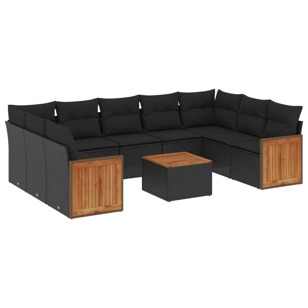 vidaXL 10-tlg. Garten-Sofagarnitur mit Kissen Schwarz Poly Rattan