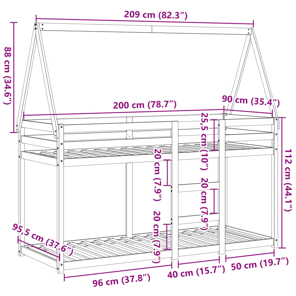 vidaXL Etagenbett mit Dach Wachsbraun 90x200 cm Massivholz Kiefer