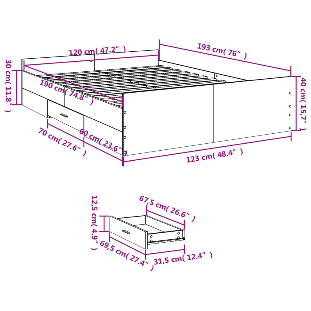 vidaXL Bettgestell mit Schubladen Braun Eichen-Optik 120x190 cm