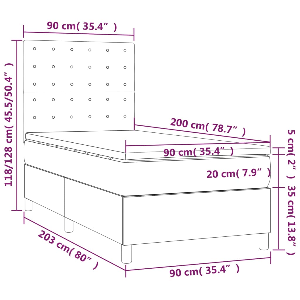 vidaXL Boxspringbett mit Matratze Grau 90x200 cm Kunstleder